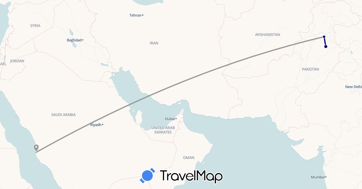 TravelMap itinerary: driving, plane in Pakistan, Saudi Arabia (Asia)